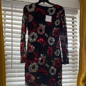 RACHEL Rachel Roy Black and Red Sequin Floral Dress